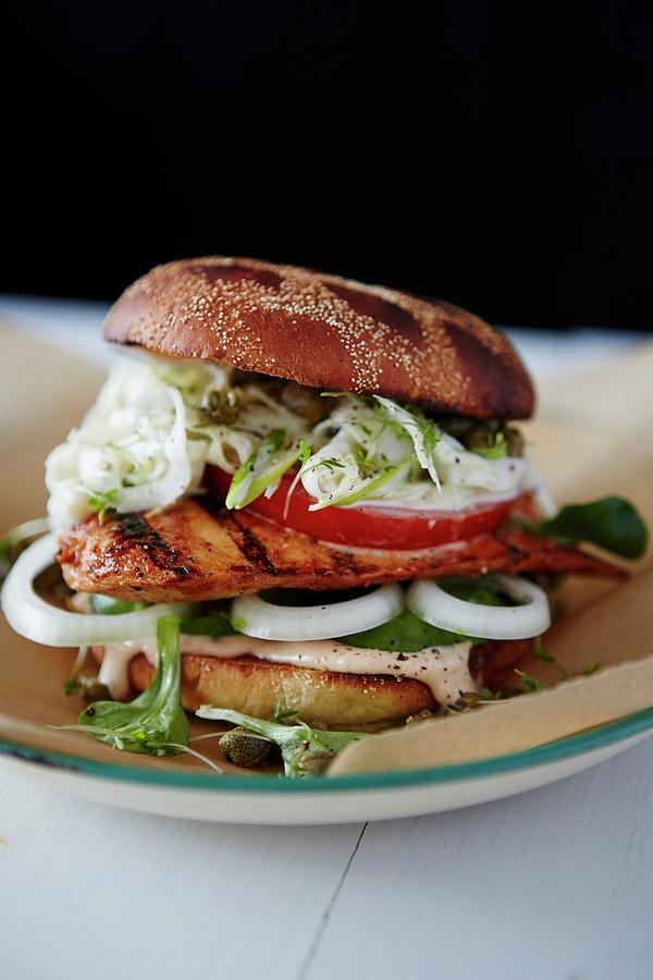 Chicken Burger With Fennel Slaw And Chilli Mayo Photograph by Mans Jensen