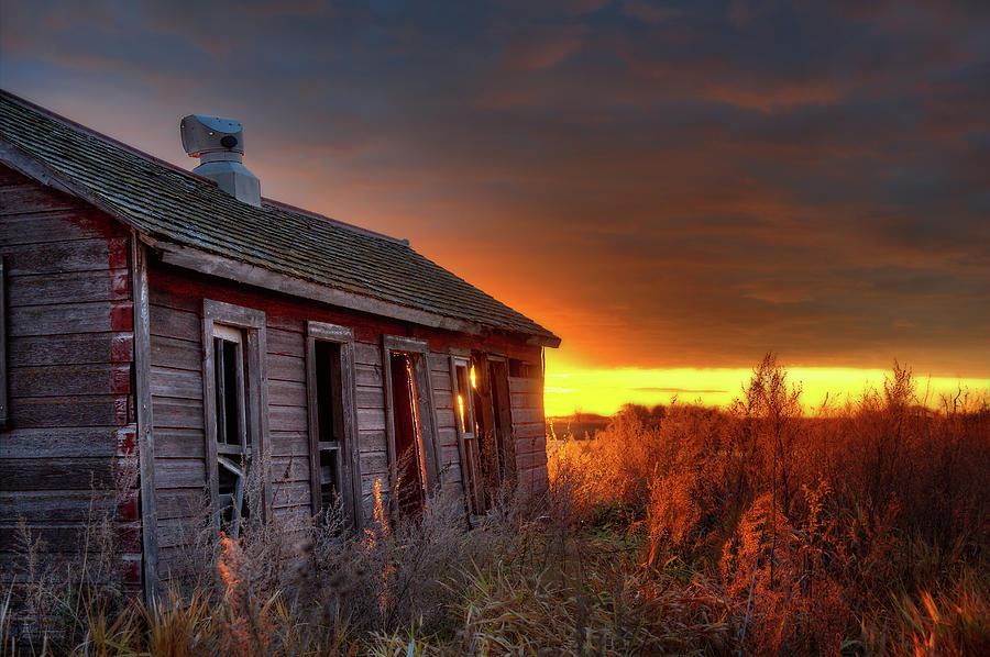 Chicken Coop Sunrise - Abandoned Stensby Homestead in ND Photograph by Peter Herman