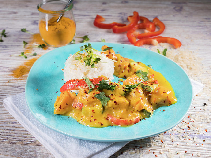 Chicken Curry With Red Pepper, Long Grain Rice And Chili asia Photograph by Niklas Thiemann