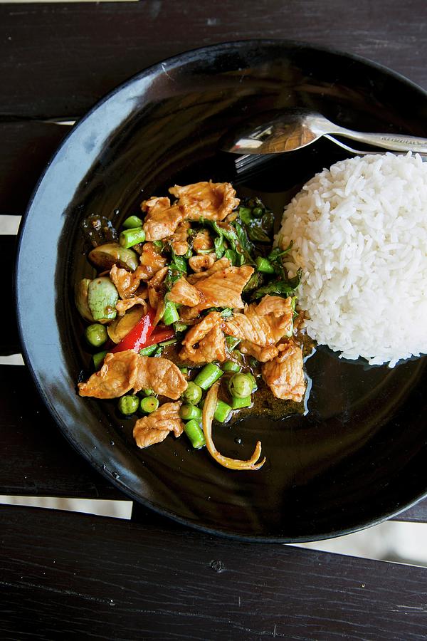 Chicken Curry With Thai Basil, Aubergines And Beans With Rice Photograph by Maricruz Avalos Flores