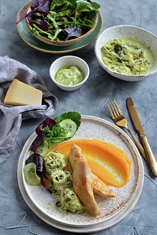 Chicken Fillets, Pumpkin Puree, Zucchini Pasta, Healthy Food Photograph by Karolina Smyk