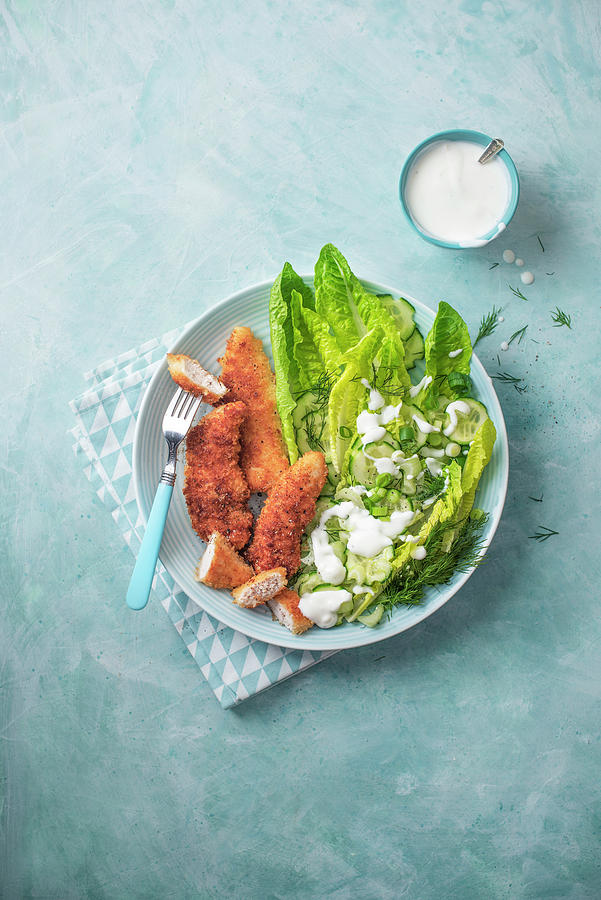 Chicken Goujons In Panko Breadcrumbs With Crunchy Salad Photograph by Magdalena Hendey
