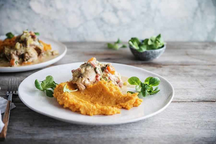 Chicken In Mustard Sauce And Mashed Sweet Potatoes Photograph by Thys