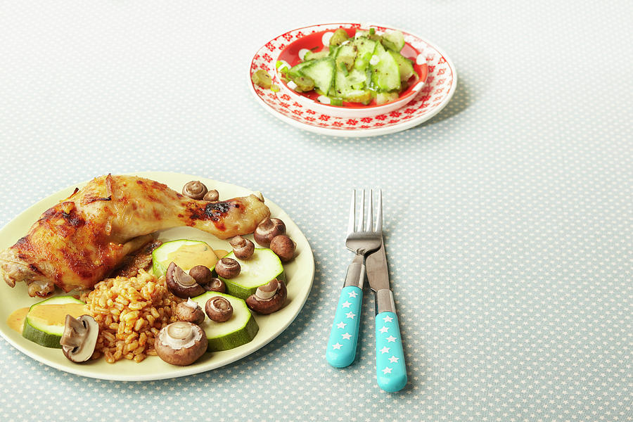 Chicken Legs With Rice, Vegetables And A Cucumber Salad Photograph by Meike Bergmann