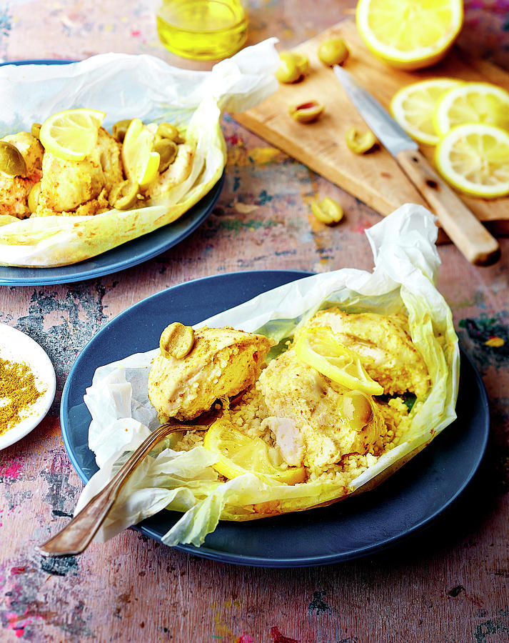 Chicken, Lemon And Green Olive Moroccan Papillote Photograph by Deslandes