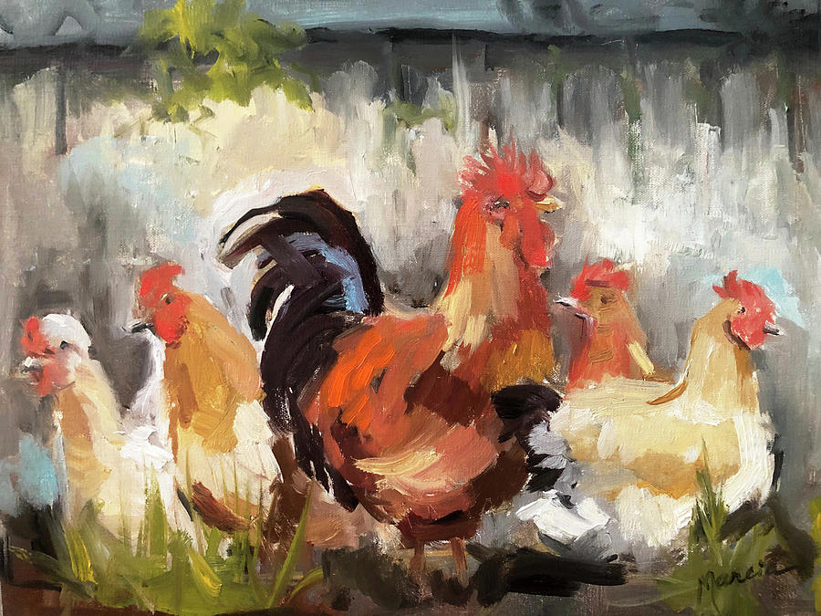 Chicken Painting - Chicken Mingle by Marcia Hodges