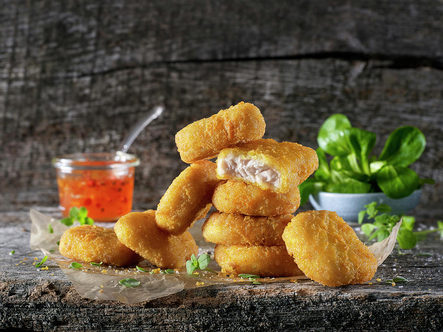 Chicken Nuggets With Lambs Lettuce And Dip Photograph by Frank Gllner