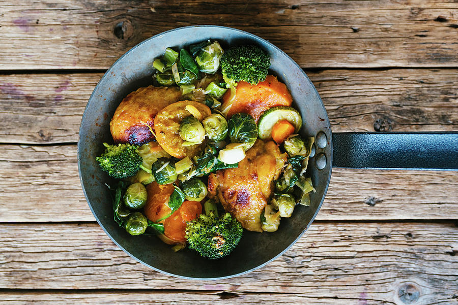 Chicken Pan With Sprouts, Sweet Potatoe, Broccoli And Ginger Photograph by Visnja Sesum