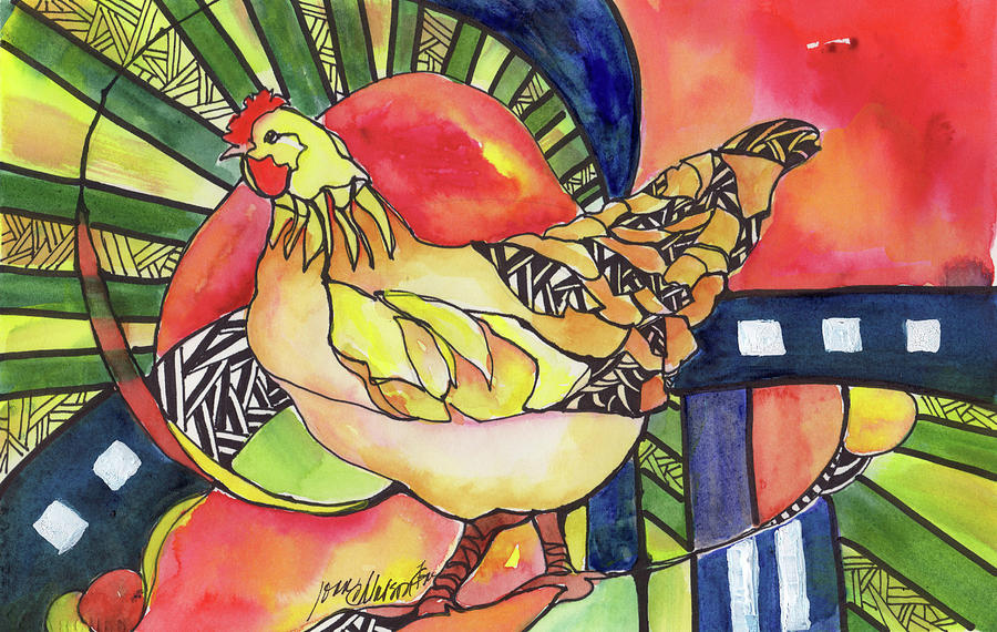 Chicken Red Painting by Joan Chlarson