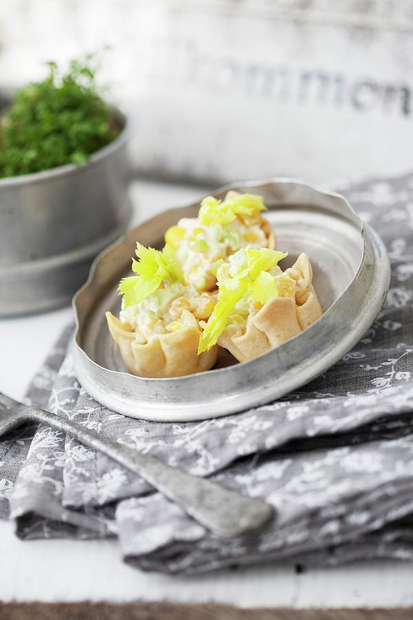 Chicken Salad With Celery And Sweetcorn Served In Pastry Bowls On A Tin Plate Photograph by Martina Schindler