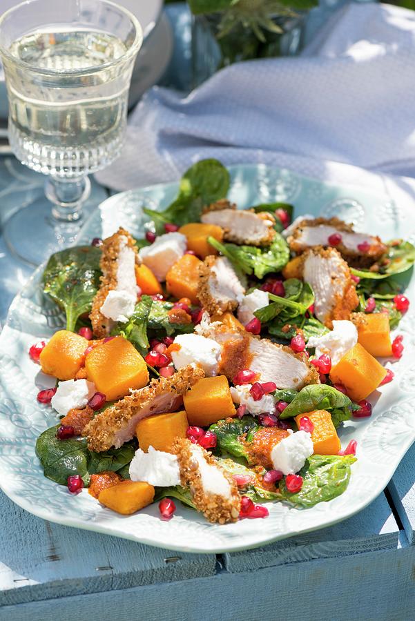 Chicken Salad With Pumpkin, Goats Cheese, Spinach And Pomegranate Dressing Photograph by Winfried Heinze