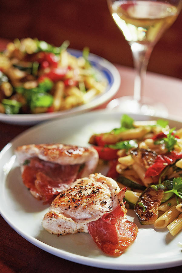 Chicken Saltimbocca Served With A Pasta Salad With Roasted Vegetables chicken-saltimbocca-served-with-a-pasta-salad-with-roasted-vegetables
