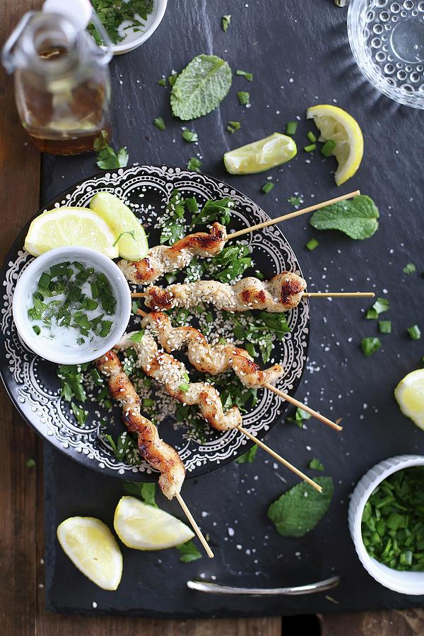 Chicken Shishkebabs With Mint, Sesme Seeds And Lemon Wedges Photograph by Natalia Mantur
