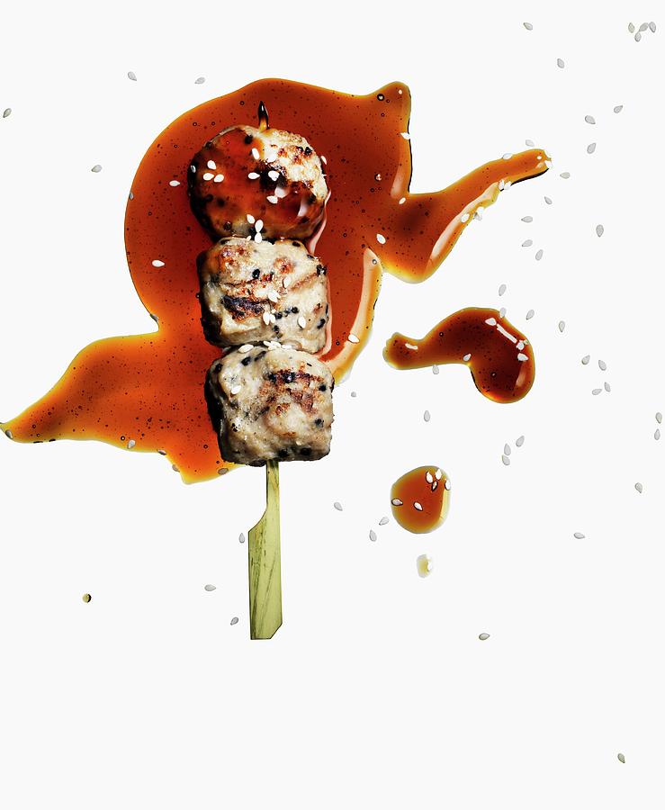 Chicken Skewer With Sesame Seeds And Teriyaki Sauce japan Photograph by Martin Dyrlv
