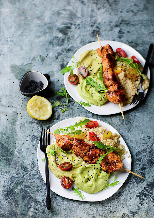 Chicken Skewers With Couscous, Hummus And Avocado Pure Photograph by Ewgenija Schall