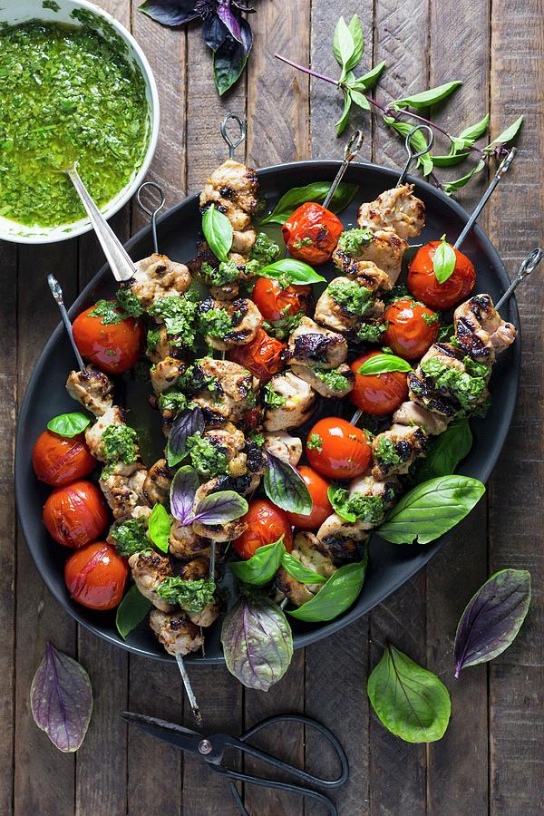 Chicken Skewers With Pesto, Tomatoes And Basil Photograph by Emily Clifton