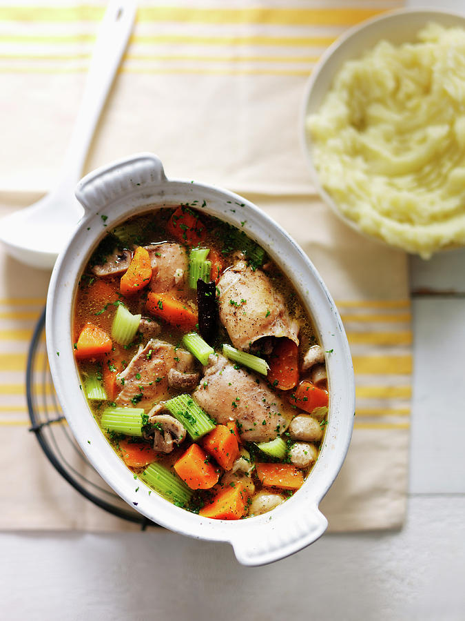 Chicken Stew With Celery, Carrots, Leeks, Mushrooms And Mashed Potato Photograph by Karen Thomas