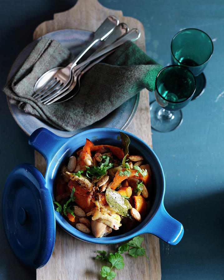 Chicken Tagine With Carrots, Pumpkin And Almonds Photograph by Karen Thomas