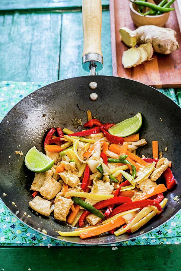 Chicken With Ginger And Vegetables In A Wok asia Photograph by Maricruz Avalos Flores