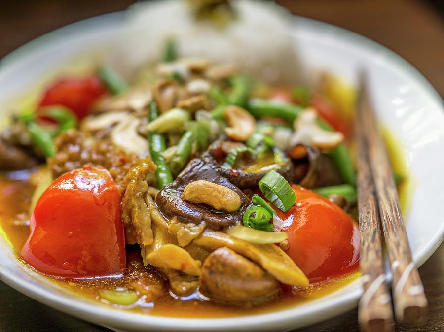 Chicken With Mushrooms, Cashew Nuts, Tomatoes, Beans And A Side Of Rice asia Photograph by Manuel Krug