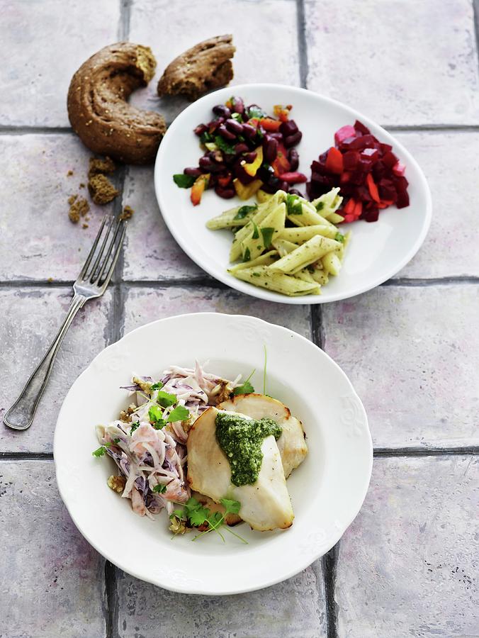 Chicken With Pesto And Various Side Salads Photograph by Mikkel Adsbl