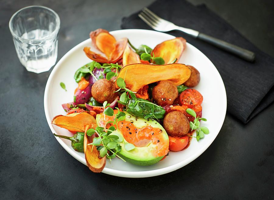 Chickpea Balls With Fried Sweet Potato Slices, Avocado, Cherry Tomatoes And Ajvar vegan Photograph by Kai Schwabe