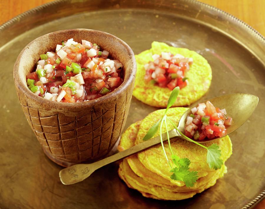 Chickpea Pancakes With Vineyard Peach Salsa Photograph by Teubner Foodfoto