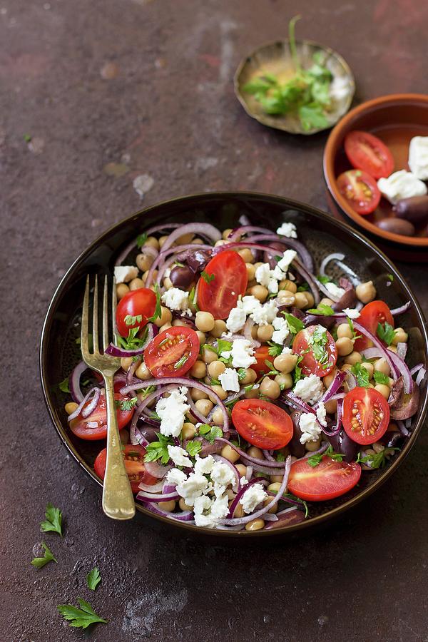 Chickpea Salad With Cherry Tomatoes, Feta Cheese, Onions, Parsley And Kalamata Olives Photograph by Zuzanna Ploch
