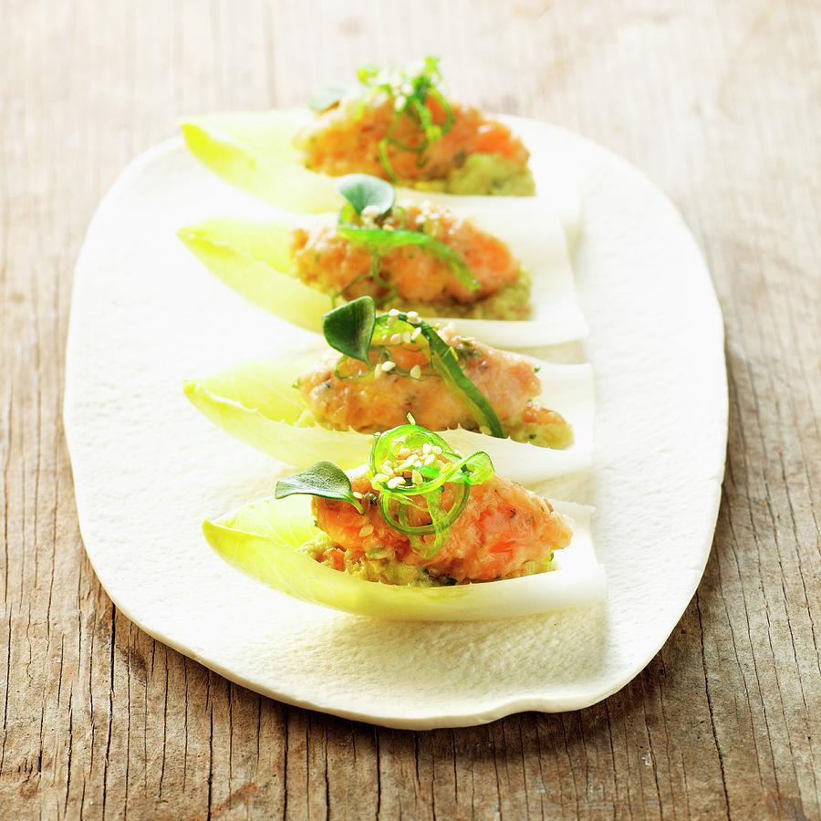 Chicory Boats With Guacamole, Salmon Salad And Wakame Photograph by Frank Croes