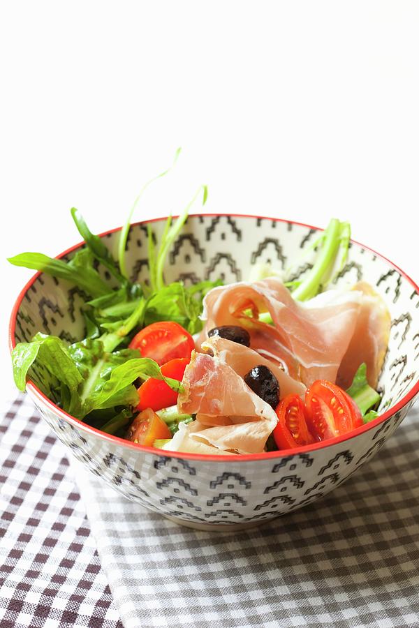 Chicory Salad With Cherry Tomatoes, Prosciutto And Balsamic Vinegar Photograph by Hilde Mche
