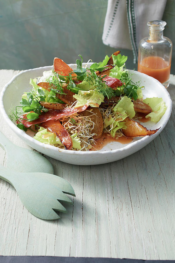 Chicory Salad With Roasted Pear Wedges, Beansprouts, Ham And A Rosehip Dressing Photograph by Jan-peter Westermann