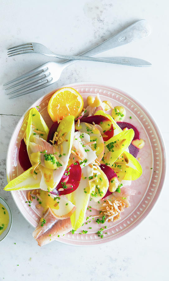 Chicory Salad With Smoked Trout, Beetroot And Orange Photograph by Udo Einenkel