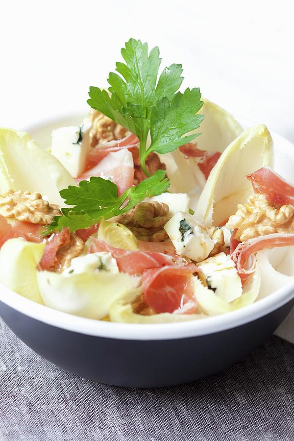 Chicory Salad With Walnuts, Roquefort, Ham And A Balsamic Dressing Photograph by Hilde Mche