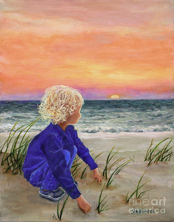 Child At Sunset On Beach Painting By Sherry Westenbroek