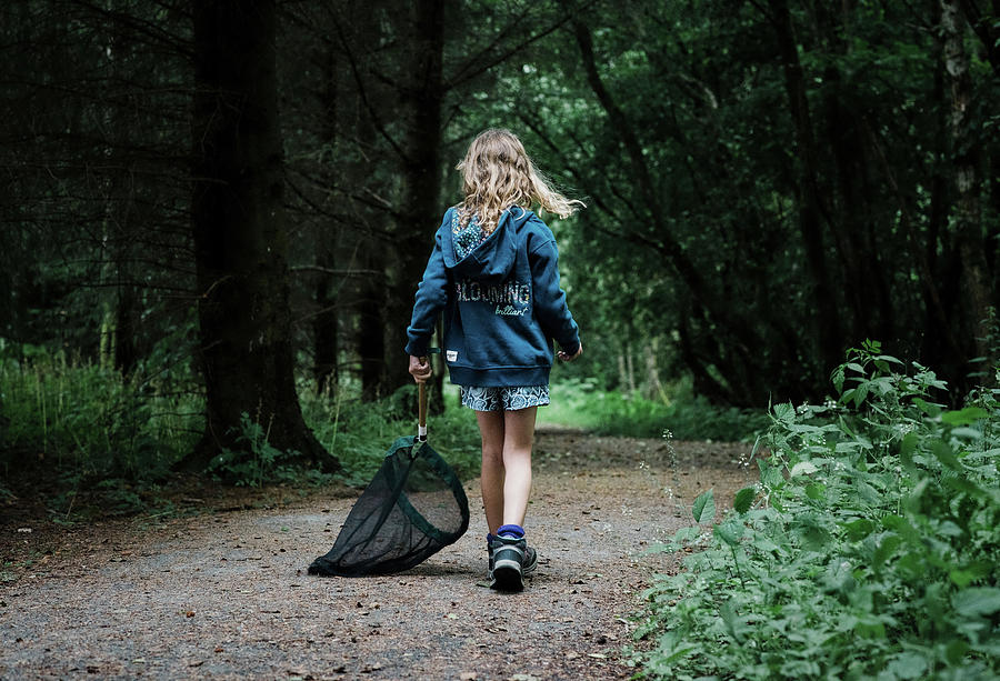 Summer Photograph - Child Bug Hunting With A Net In The Forest In Scotland by Cavan Images