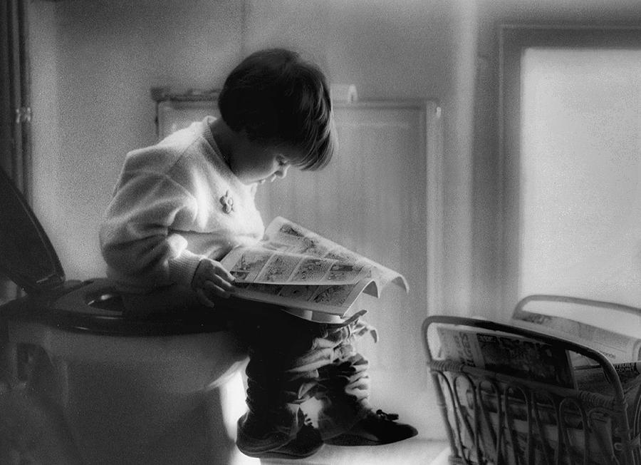 Black And White Photograph - Childhood Series : Poo Time by Yvette Depaepe