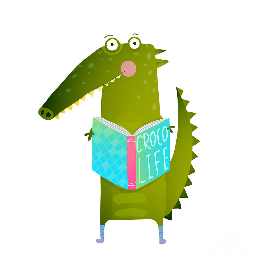 Crocodile Digital Art - Childish Student Crocodile Reading Book by Popmarleo