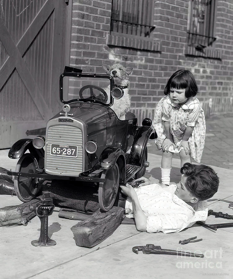 Children And Dog Repairing 1920s Pedal Car Photograph by Retrographs
