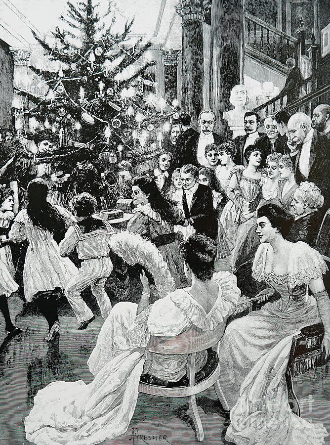 Children and guests dancing around the Christmas tree Drawing by English School