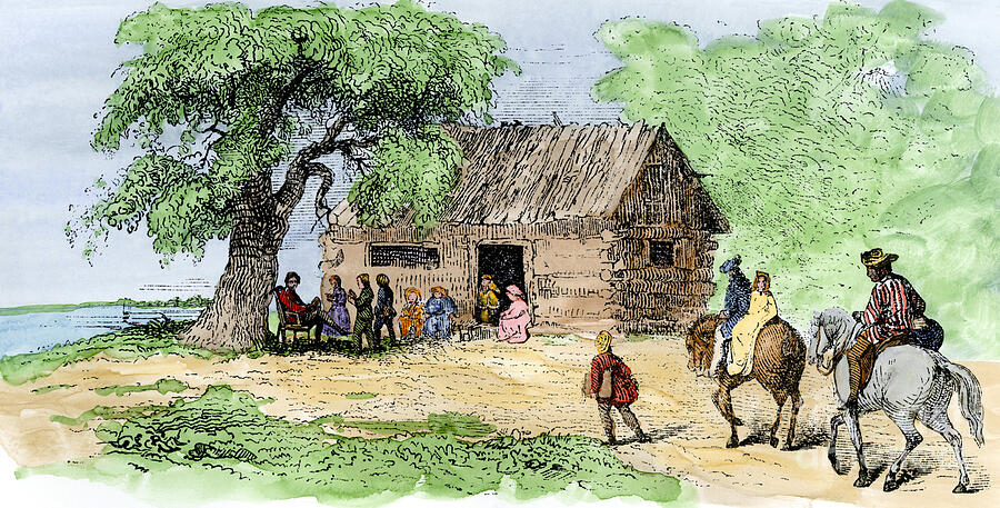 Vintage Drawing - Children Arriving At Primary School, Consisting Of A Single Piece And Built Of Logs, In The Southern United States Illustration 19th Century Engraving On Wood Colour by American School