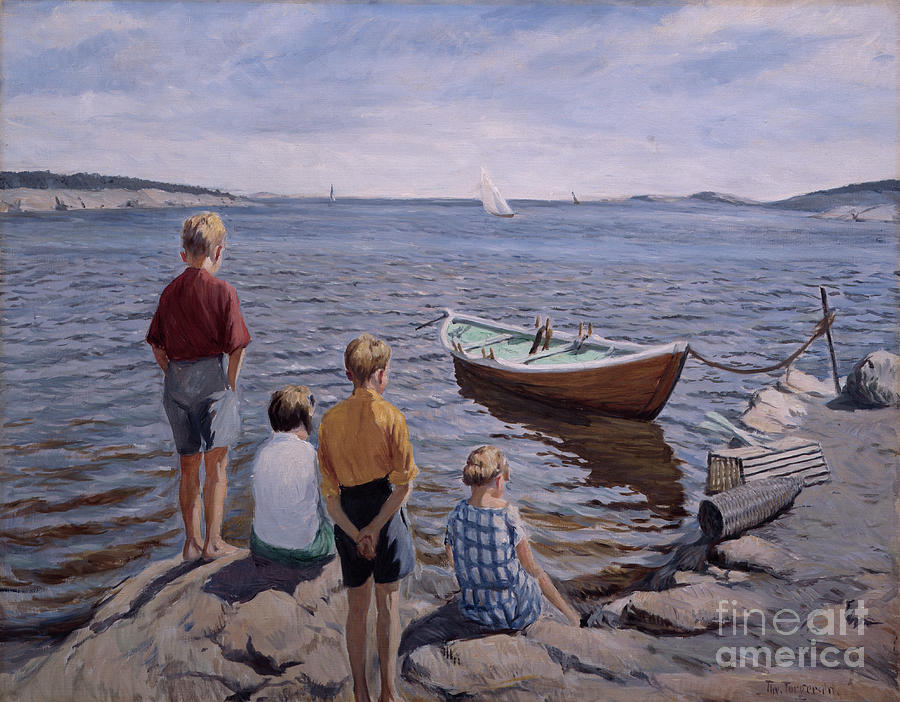 Children at the quay Painting by O Vaering