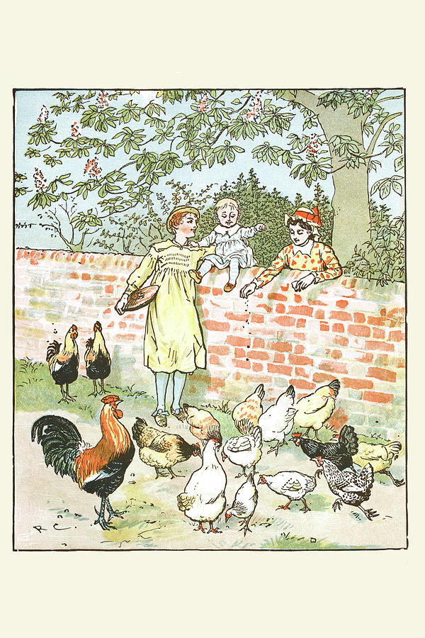 Chicken Painting - Children feed the chickens by Randolph Caldecott