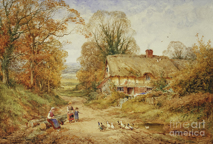 Animal Painting - Children Feeding Ducks Beside A Cottage In A Wooded Lane by Henry John Sylvester Stannard