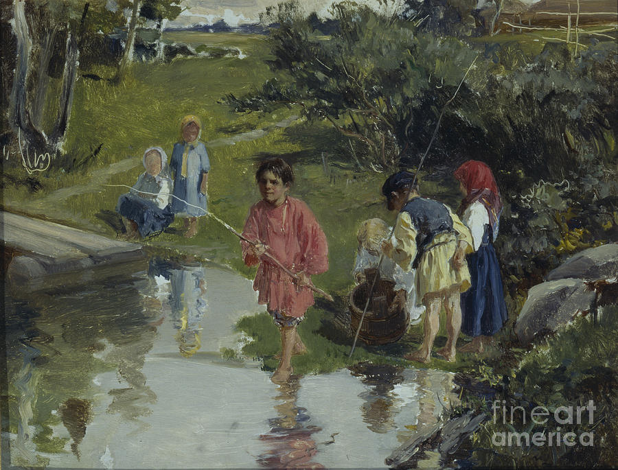 Children Fishing, 1882 Drawing by Heritage Images