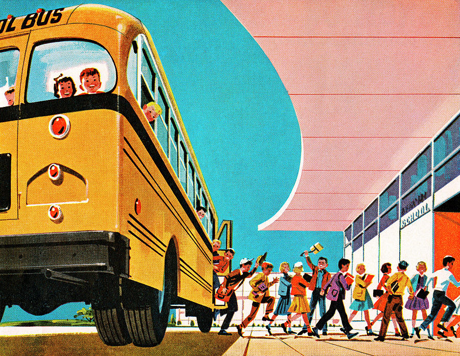 Transportation Drawing - Children Getting off School Bus by CSA Images