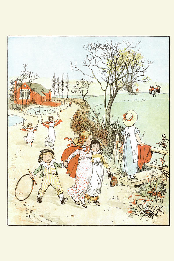 Rope Painting - Children jumped ropes and played with hoops along a road by Randolph Caldecott