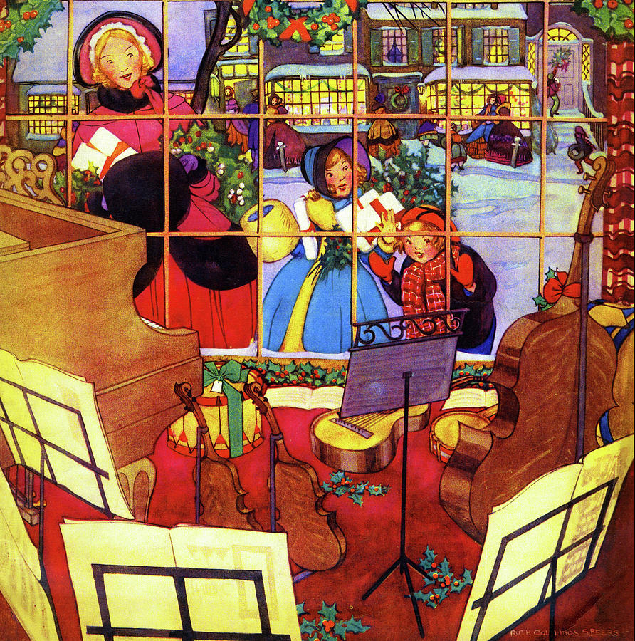 Children look in a music store window at Christmas Painting by Ruth Collings Speers