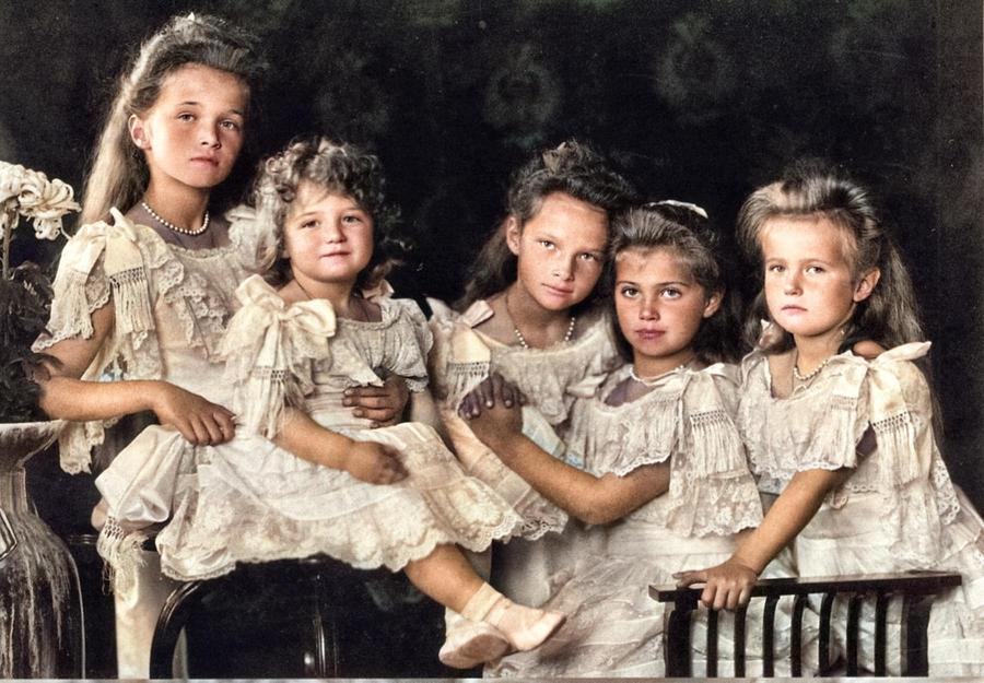 Children Of Emperor Nicholas II . 1906. Olga, Tsesarevich Alexei, Tatiana, Maria, Anastasia. Coloriz Painting