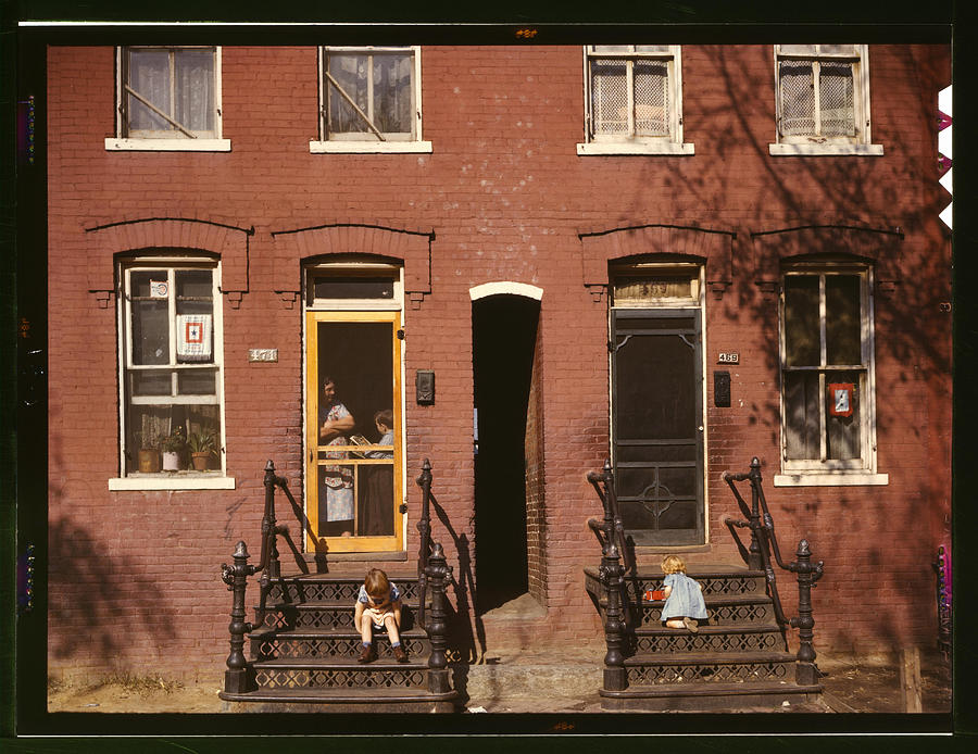 Children on row house steps, Washington, D.C. Painting by Louise Rosskam