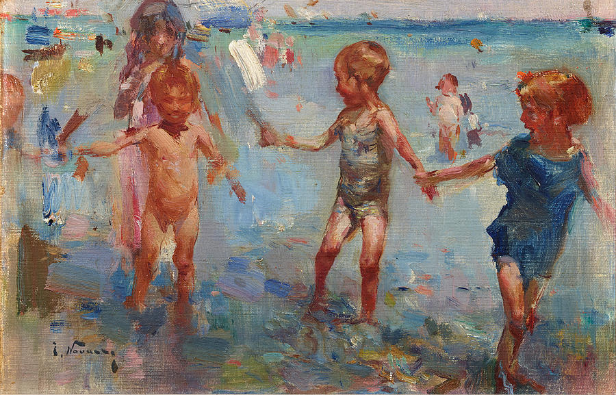 Children on the Beach Painting by Jose Navarro Llorens